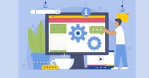 Illustration of a developer working on ats solutions with gears on a screen, representing ats software development processes