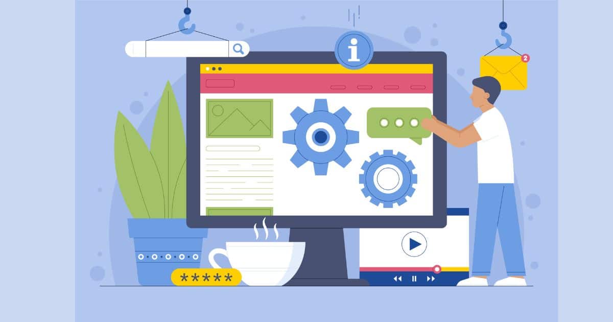 Illustration of a developer working on ats solutions with gears on a screen, representing ats software development processes