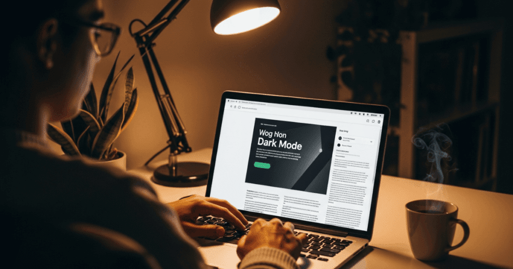 Developer exploring dark mode implementation for enhanced UX in web portal development services on a laptop at night.
