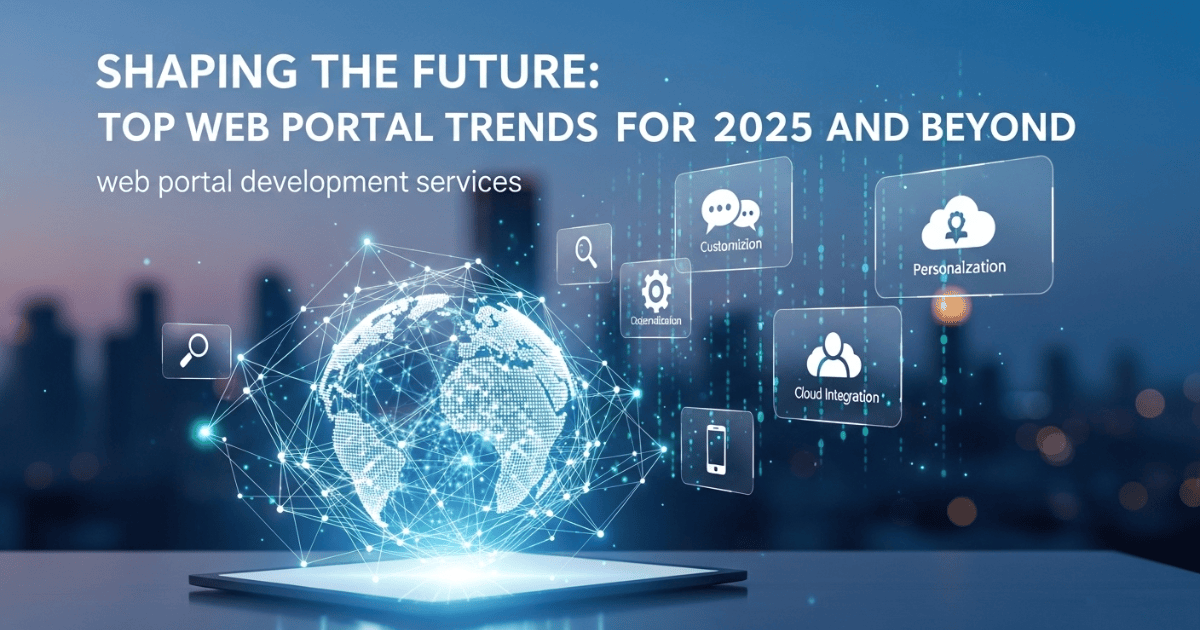 Digital visualization of global web portal development trends and services, including cloud integration, personalization, and customization.