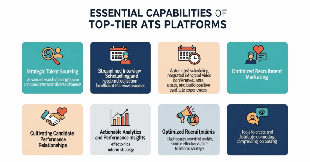 Infographic showcasing essential capabilities of top-tier ATS solutions, including sourcing, interview scheduling, and performance analytics.