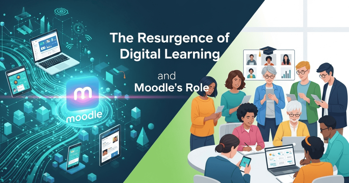 Diverse team engaging in online learning with Moodle LMS interface, symbolizing the need to hire Moodle developer for effective digital education.