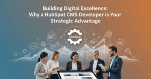 Marketing team collaborating on a digital strategy with visuals of analytics and code, highlighting the benefits of hiring a HubSpot CMS Developer.