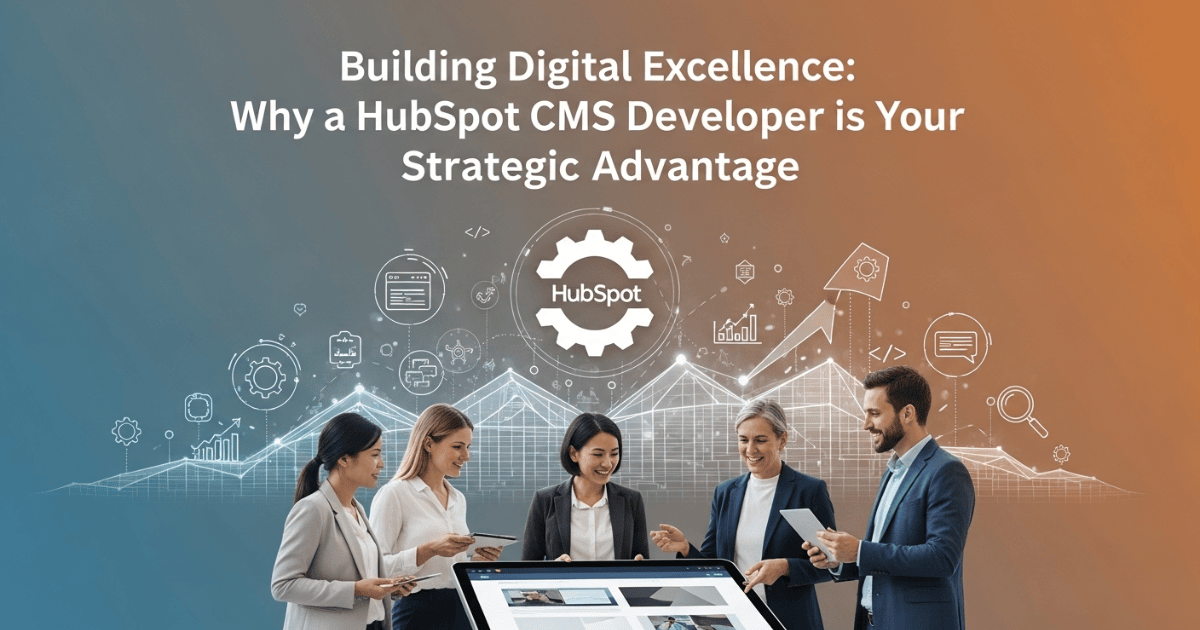 Marketing team collaborating on a digital strategy with visuals of analytics and code, highlighting the benefits of hiring a HubSpot CMS Developer.