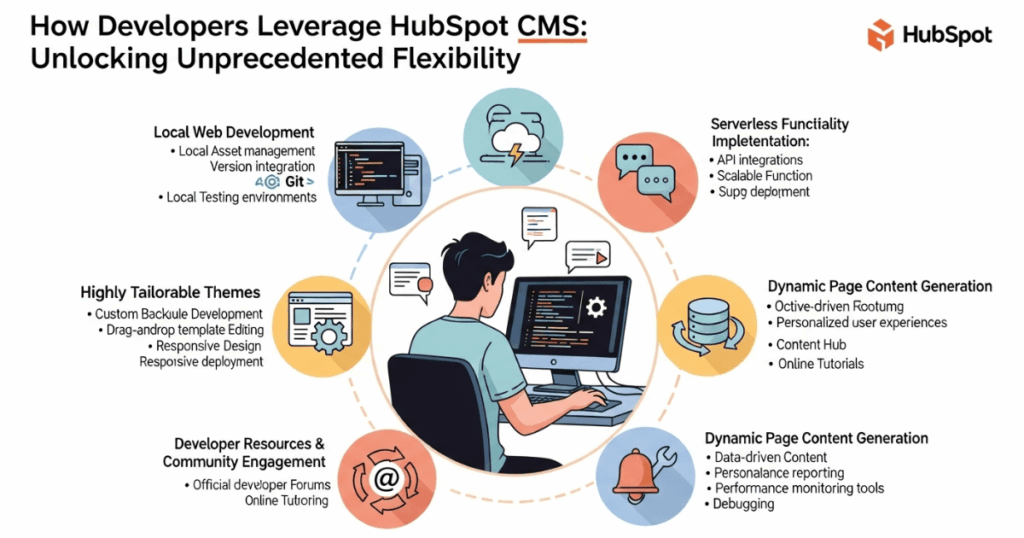 A developer working on HubSpot CMS development, showcasing key features like local testing, serverless functions, and dynamic page generation.