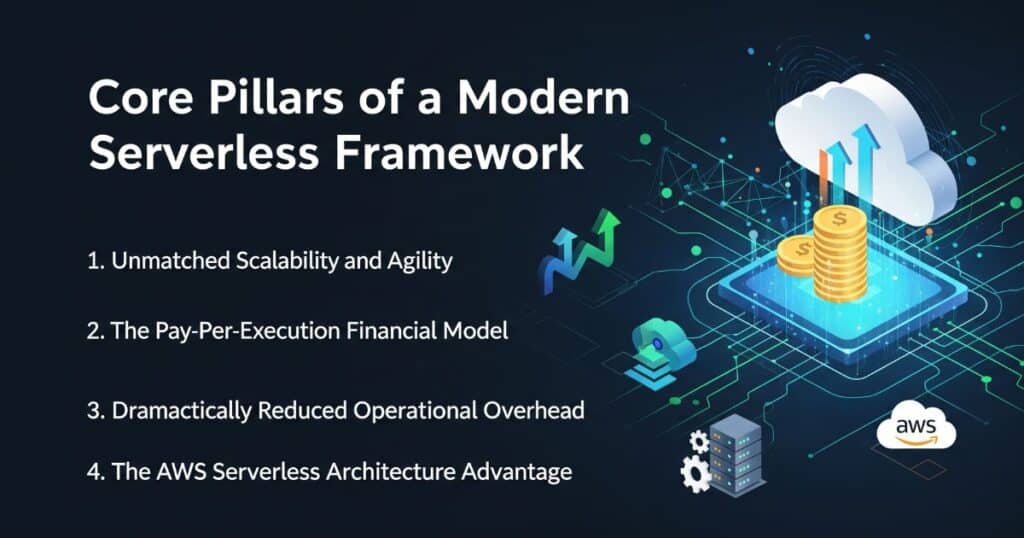 Core pillars of Serverless Application Development framework with scalability, cost efficiency, and AWS benefits