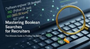 Boolean searches for recruiters guide with search operators on a computer screen and magnifying glass