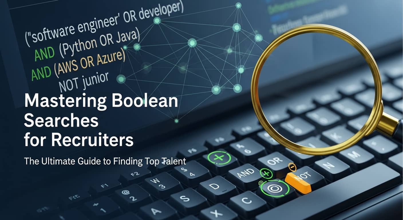 Boolean searches for recruiters guide with search operators on a computer screen and magnifying glass