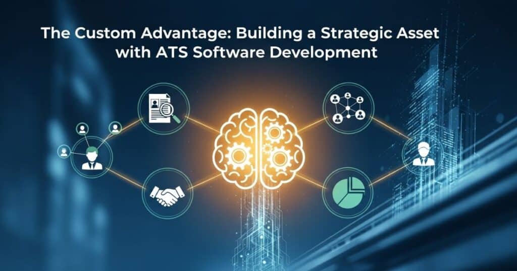 A stylized brain with gears at its core, radiating connections to icons representing various HR processes like candidate profiles, networking, agreements, and analytics. This visual represents how custom ats software development creates intelligent ats solutions to build a strategic asset for businesses through effective ats development.
