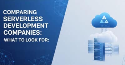 A graphic comparing serverless application development companies, with a cloud icon over server racks.