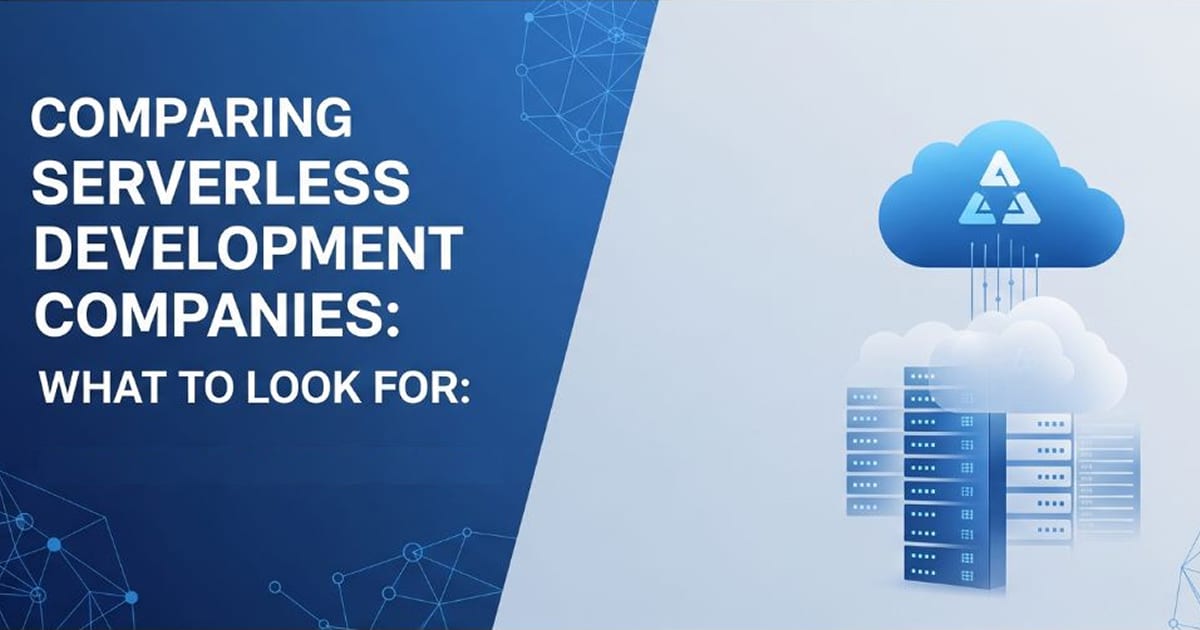 A graphic comparing serverless application development companies, with a cloud icon over server racks.