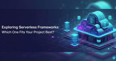 A neon-tinged illustration of serverless architecture with connected cloud and database icons, illustrating 'Serverless Application Development'.