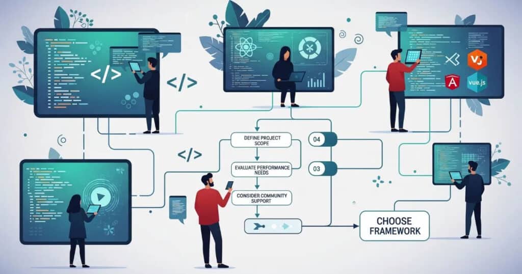 An illustration depicting a workflow for choosing a framework for Serverless Application Development, showing developers interacting with code on screens and decision-making steps.