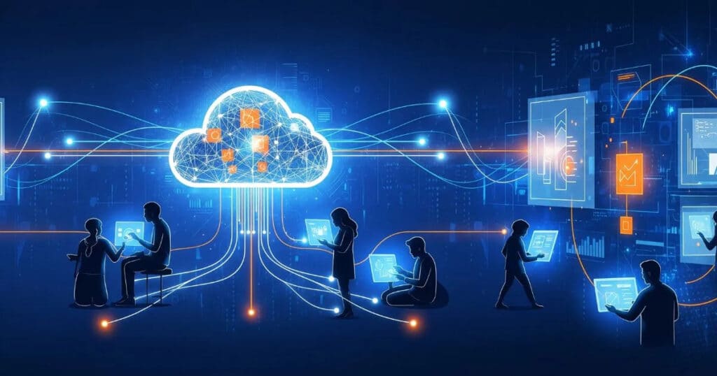 Serverless Application Development visualized with cloud computing and users collaborating on digital devices