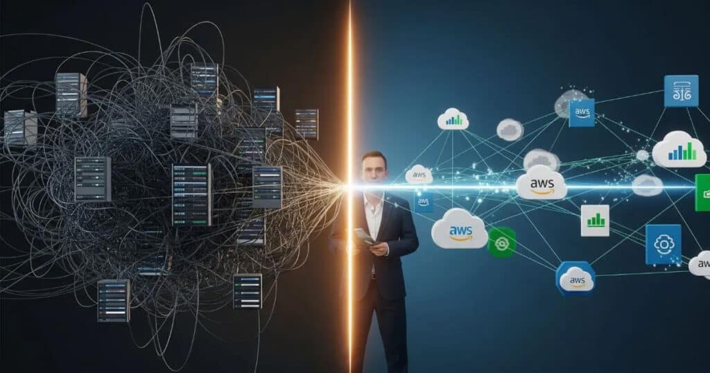 A Man Standing Between Chaotic On-Premise Servers And An Organized Cloud Environment, Representing The Shift To Serverless Application Development