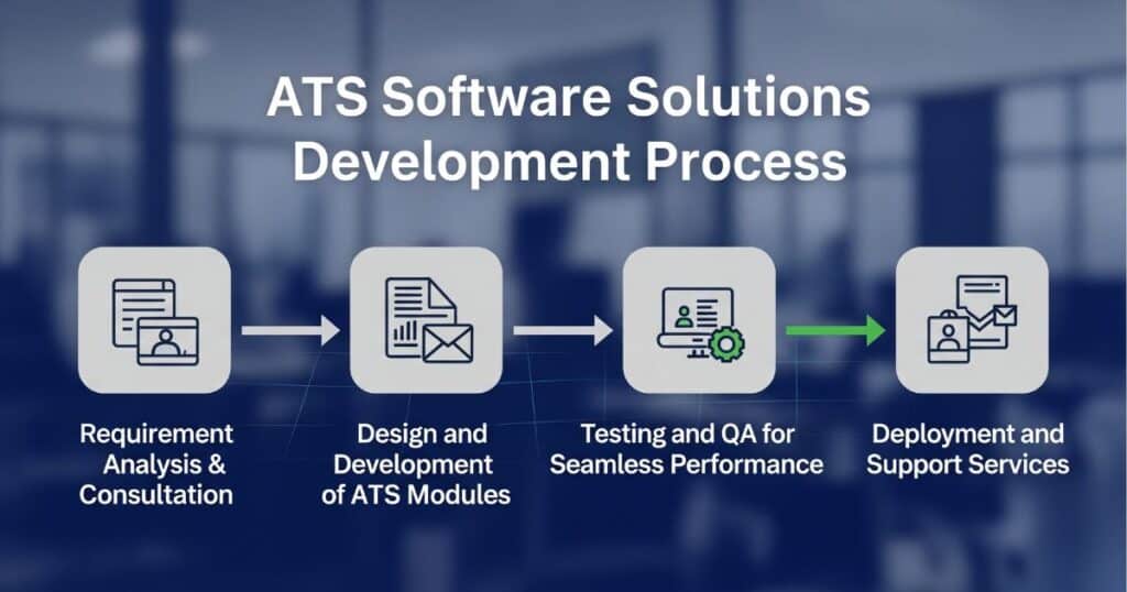An infographic detailing the development process for ATS Software Solutions, from requirement analysis to deployment and support.