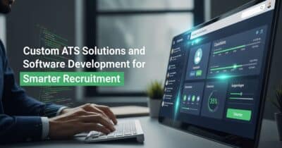 A professional working on a computer showing a dashboard for a Custom ATS Software Solutions system, focused on smarter recruitment and candidate tracking.