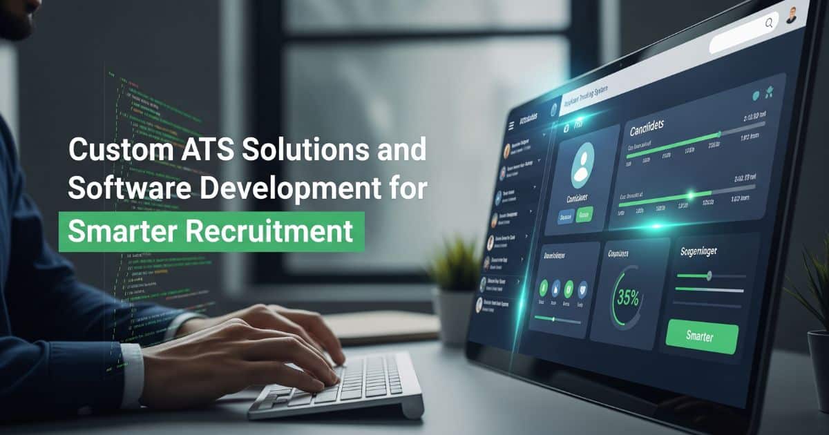 A professional working on a computer showing a dashboard for a Custom ATS Software Solutions system, focused on smarter recruitment and candidate tracking.