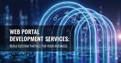 Web portal development services: Arched glowing lines with gears, charts, and document icons representing digital services and custom business portals.