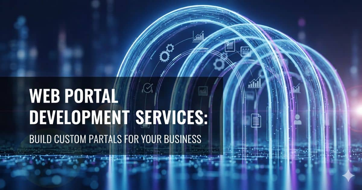Web portal development services: Arched glowing lines with gears, charts, and document icons representing digital services and custom business portals.