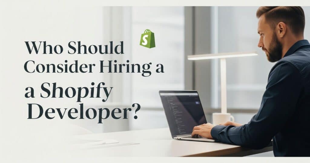 Who should consider hiring a Shopify Developer? A professional man works on a laptop with the Shopify logo prominently displayed, suggesting e-commerce development and expertise.
