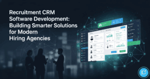 Recruitment Software Development: professionals discussing a modern CRM dashboard for smart hiring agencies