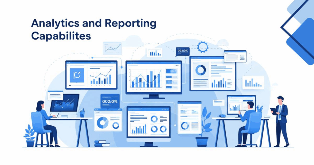 Illustration of multiple screens showing charts, graphs, and dashboards, representing the powerful Analytics and Reporting capabilities of a custom recruitment CRM development solution.