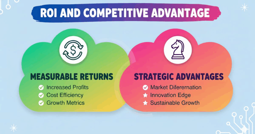 Infographic illustrating the ROI (Increased Profits, Cost Efficiency) and Strategic Advantages (Market Differentiation, Innovation Edge) gained through custom recruitment CRM development.