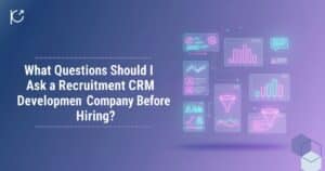 Abstract illustration showing a flowchart of recruitment data, candidate profiles, and metrics, representing key questions to ask a vendor before starting custom recruitment CRM development.