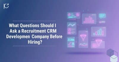 Abstract illustration showing a flowchart of recruitment data, candidate profiles, and metrics, representing key questions to ask a vendor before starting custom recruitment CRM development.