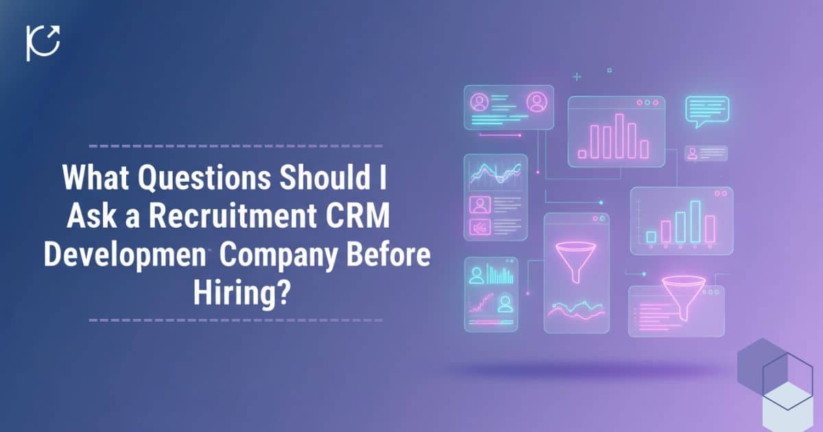 Abstract illustration showing a flowchart of recruitment data, candidate profiles, and metrics, representing key questions to ask a vendor before starting custom recruitment CRM development.