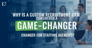 Image shows a diverse team of smiling professionals reviewing data on a screen overlaid with graphs and recruitment metrics, illustrating the efficiency gained from a custom recruitment CRM development project.