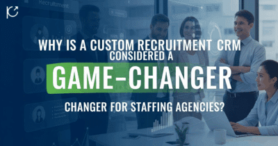 Image shows a diverse team of smiling professionals reviewing data on a screen overlaid with graphs and recruitment metrics, illustrating the efficiency gained from a custom recruitment CRM development project.