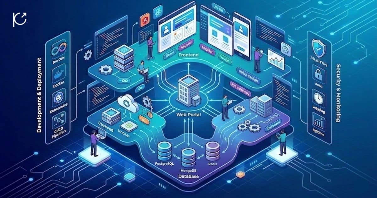 Leading tech stacks for web portal development services including React, Node.js, and PostgreSQL