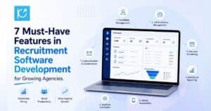Recruitment software development dashboard showcasing 7 must-have features for growing staffing agencies, including automation, analytics, and candidate management.